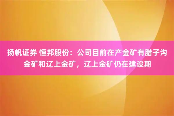 扬帆证券 恒邦股份：公司目前在产金矿有腊子沟金矿和辽上金矿，辽上金矿仍在建设期